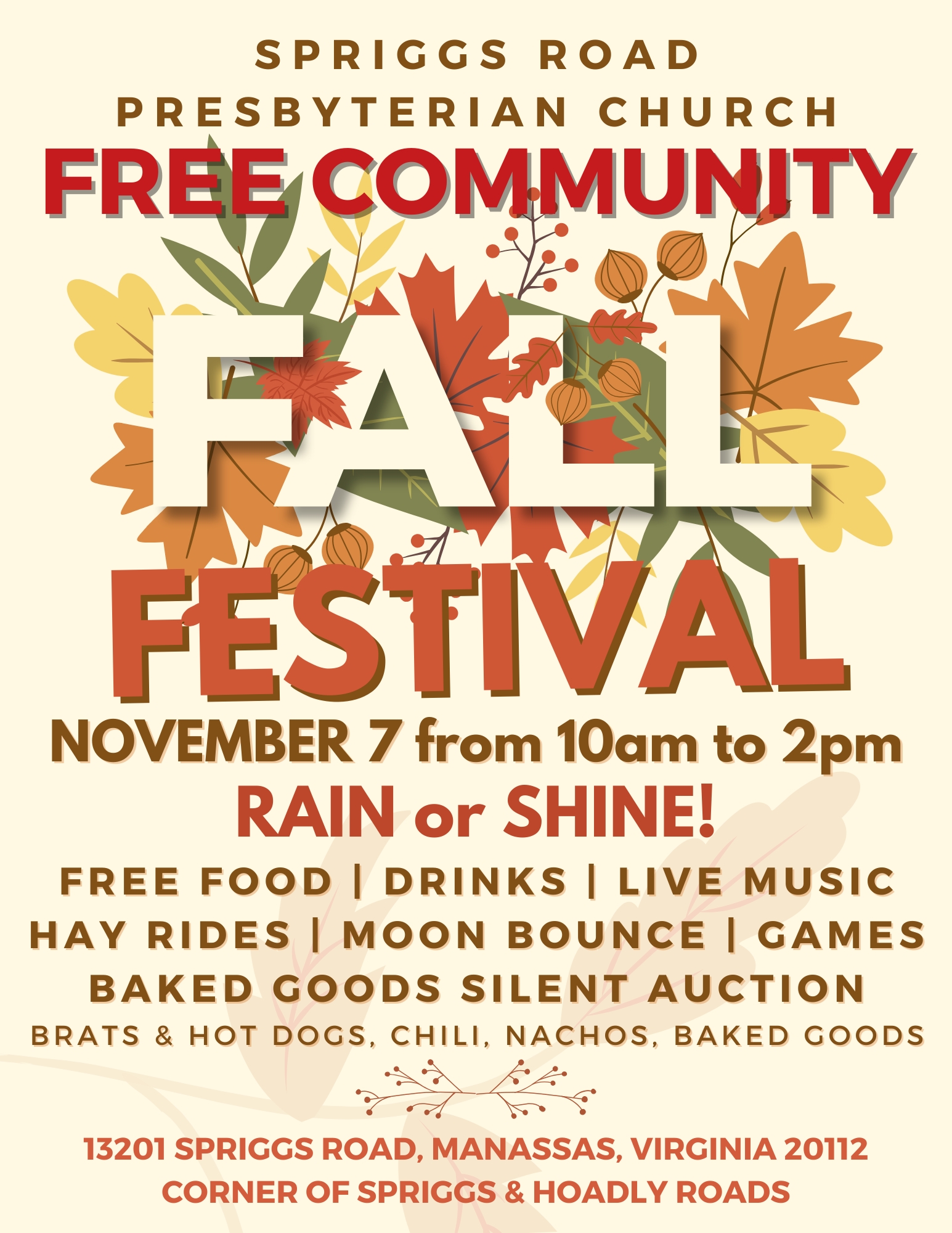 Spriggs Road Presbyterian Church free community Fall Festival flyer. Event details are provided on this page.